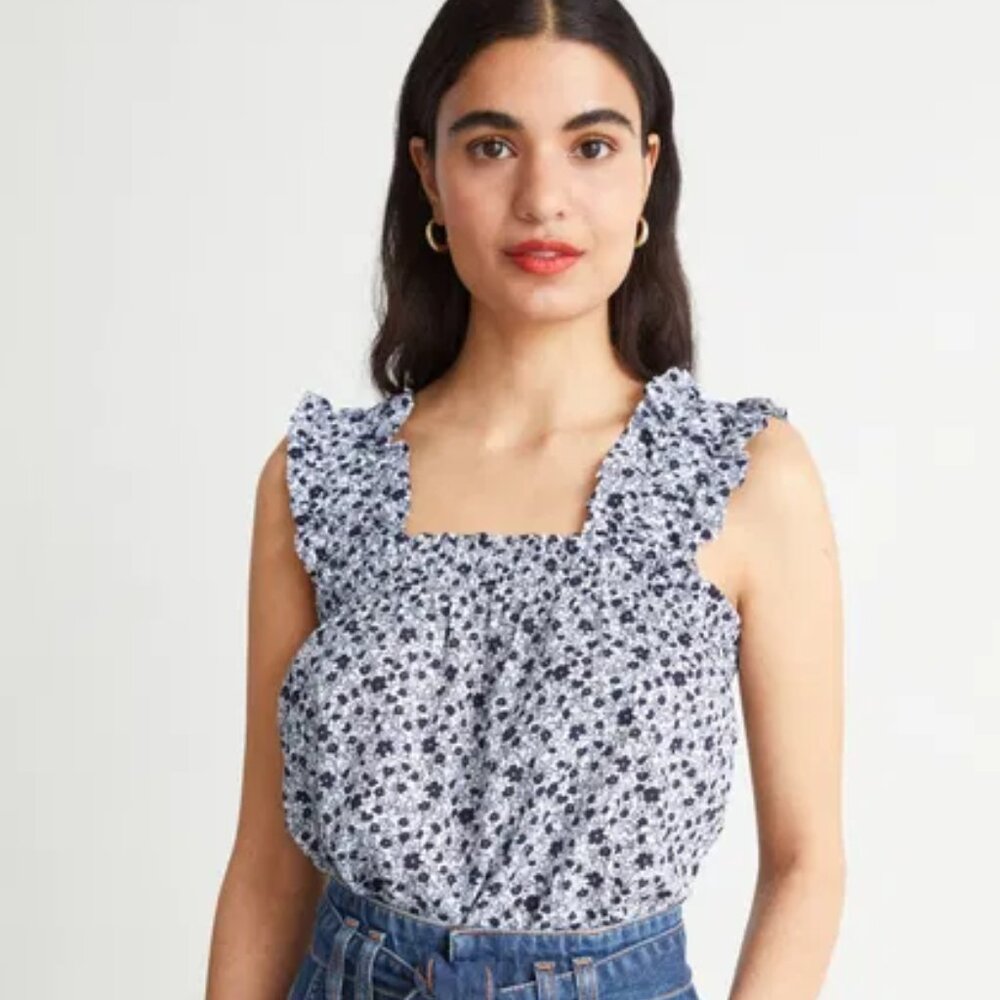EUC & Other Stories Cotton Floral Ruffle Tank Top Blue White Floral Size 0